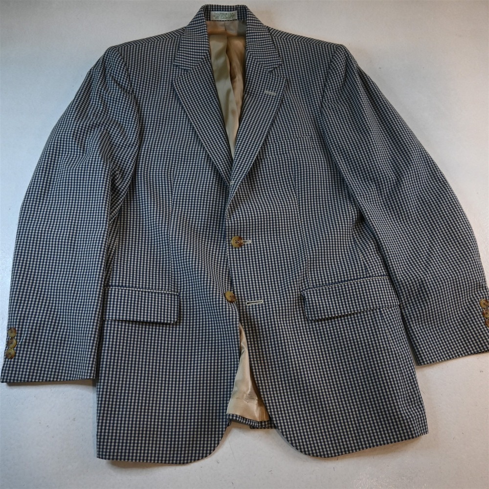 Orvis 38R Blue Gingham Check Zip Pocket USA Summerweight Blazer Sport Coat